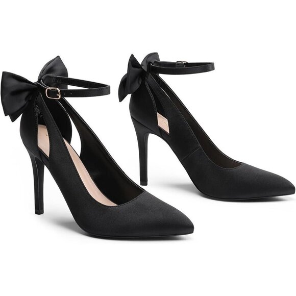 Women Black High Heels Stiletto Strappy Pointed Toe Bow Heel Pumps Sexy Shoes - Picture 4 of 7